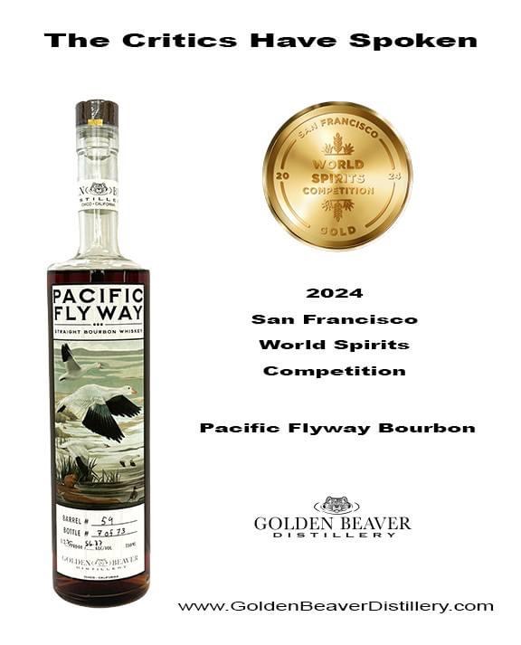 image of pacific flyway bourbon with award from San Francisco world spirit awards 2024
